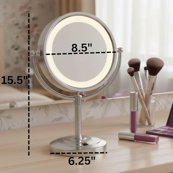JERDON Lighted Tabletop Makeup Mirror - LED Lighted Vanity Mirror with 1X and 5X Magnification in Nickel Finish - Model HL745NC