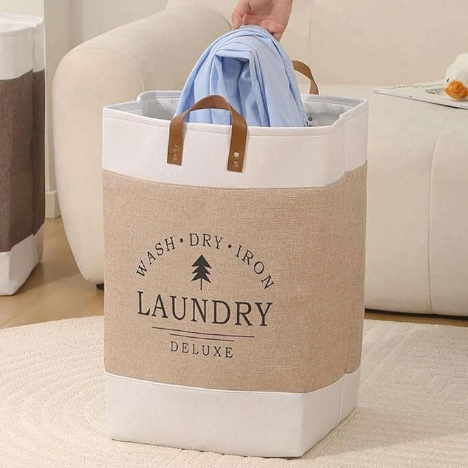 Foldable Storage Bags - Heavy-Duty Fabric Dirty Clothes Organizer, Large Capacity Space-Saving Storage for Clothes, Toys, Blankets, Sports Equipment, Living Room, Bedroom, etc. (Khaki, 65L)