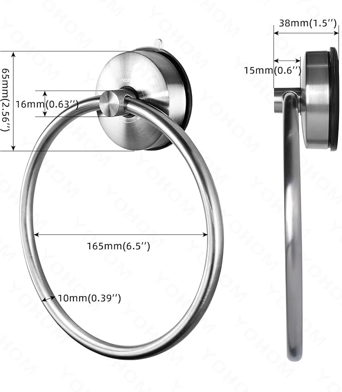 YOHOM Suction Cup Towel Ring Hand Towel Holder for Bathroom Vacuum Suction Washcloth Holder Dish Towel Hanger for Shower Wall No Drill Stainless Steel Brushed Finish, 2 PCS
