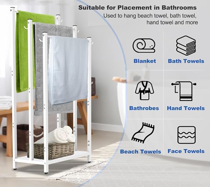 44 Inch Tall Free Standing Towel Rack with Metal Storage Shelf & 6 Hooks for Bathroom, 3 Tiers Heavy Duty Blanket Drying Stand Holder for Outdoor Pool, Bedroom, Living Room, White