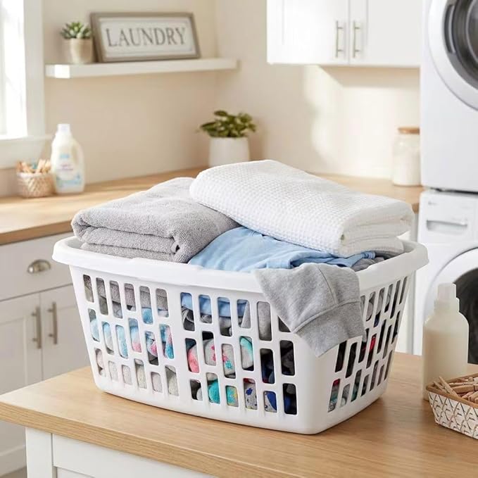 4 Pack 1.5 Bushel Rectangular Plastic Laundry Hamper - Ventilated Sides & Stackable Design with Comfort Grip Handles, Reinforced Rim for Laundry Room, Dorm, Apartment & Bathroom, White