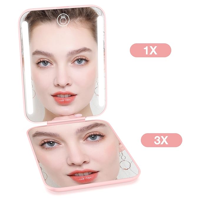 Kintion Rechargeable Pocket Mirror with Light, 1X/3X Magnification Compact Mirror, 3 Color Lights, Small Portable Lighted Travel Mirror for Women Gifts, Pink