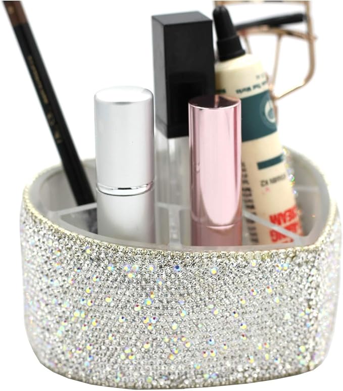 Desktop Cosmetic Storage Box 8-hole Heart-Shaped Bling bling Rhinestone Cosmetic Tools storage Box Jewelry Storage Box (Silver)