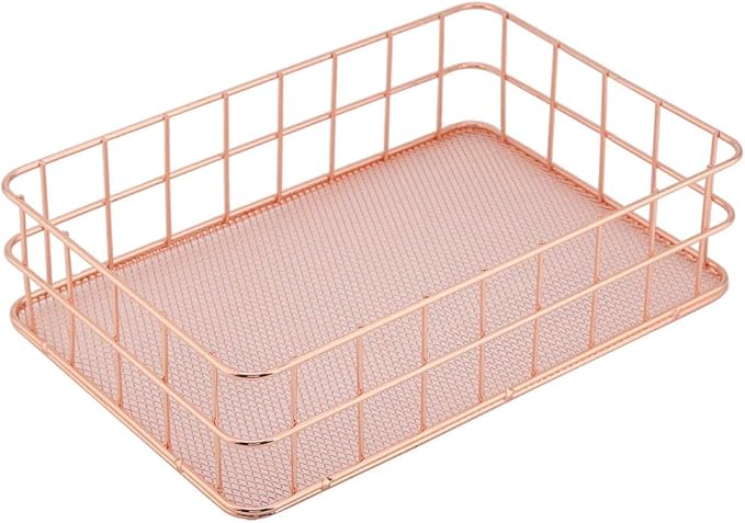 Fdit Makeup Storage Basket Organizer Rose Gold Iron Storage Holder Desktop Decor Household Woman Girl Lady(D)