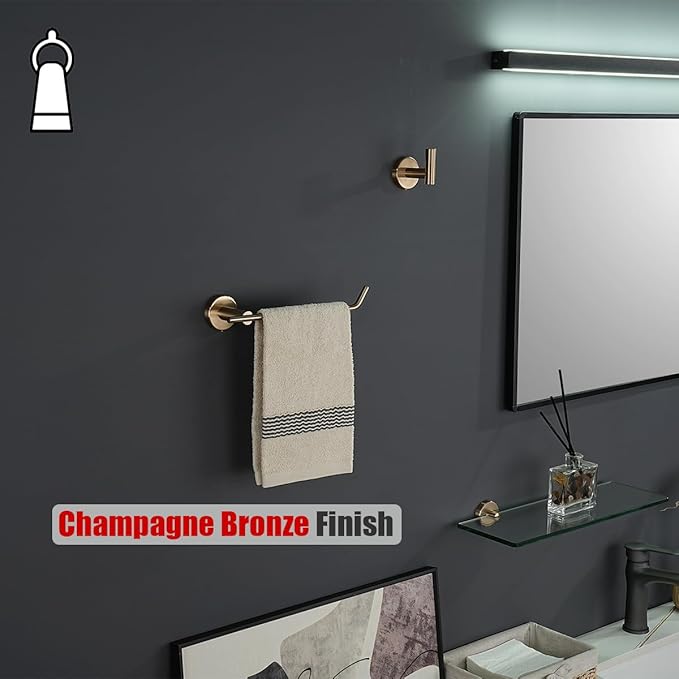 JQK Hand Towel Bar, Champagne Bronze Stainless Steel Towel Ring Holder for Bathroom, 9 Inch Wall Mount Right Hand, TR100-CB