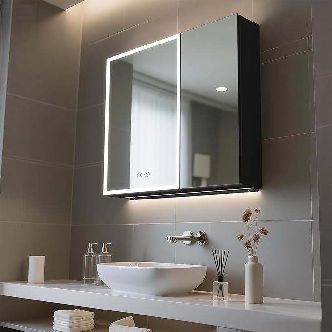 Lighted Medicine Cabinet with Mirror, 30 x 28 inch LED Bathroom Mirror Cabinet with Anti-Fog, Dimmable 3 Colors Front & Bottom Light, Buit-in Sockets & USBs, 2 Shelves, No Assembly Required