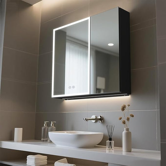 Lighted Medicine Cabinet with Mirror, 30 x 28 inch LED Bathroom Mirror Cabinet with Anti-Fog, Dimmable 3 Colors Front & Bottom Light, Buit-in Sockets & USBs, 2 Shelves, No Assembly Required