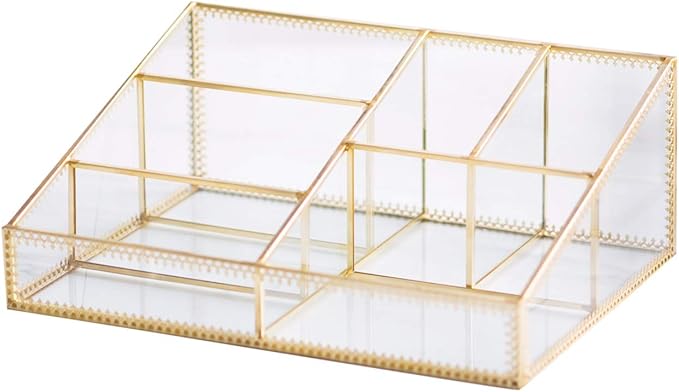 Makeup Organizer Antique Countertop Cosmetic Storage Box Glass Beauty Display, Gold Spin Large Capacity Holder for Brushes Lipsticks Skincare Toner