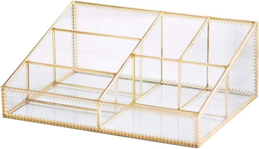 Makeup Organizer Antique Countertop Cosmetic Storage Box Glass Beauty Display, Gold Spin Large Capacity Holder for Brushes Lipsticks Skincare Toner