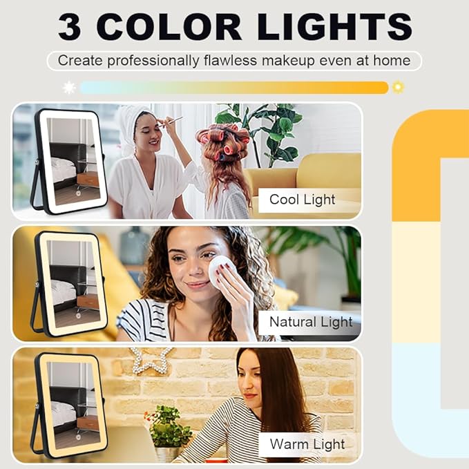 Rechargeable LED Vanity Mirror with Lights, 7"x10" Black Makeup Mirror with Lights, 3-Color Lighting, for Dorm, Livingroom, Gifts for Women