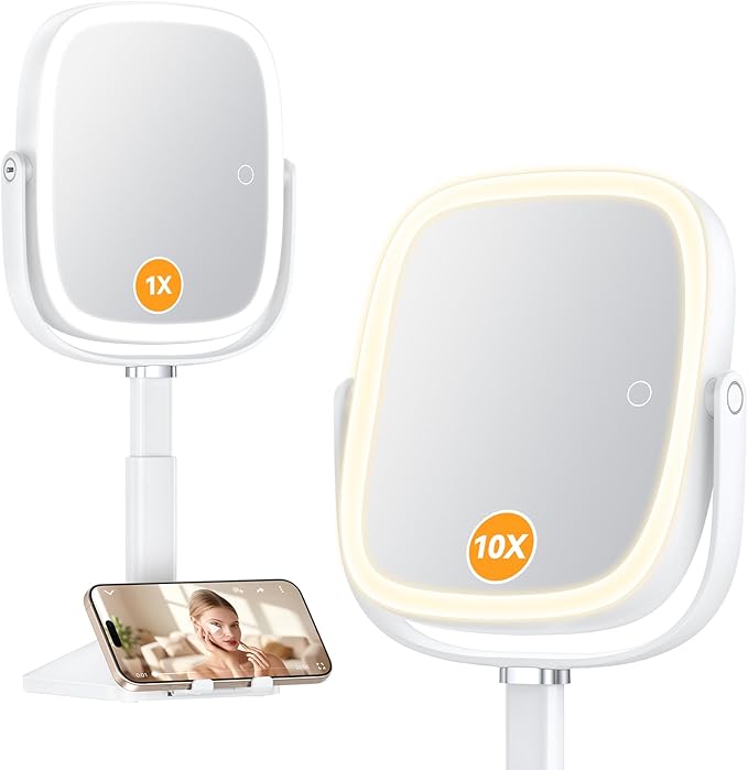 Gospire 1X/10X Lighted Magnifying Mirror with Lights, Height Adjustable Lighted Makeup Mirror with Magnification for Desk, Hidden Phone Stand, 4000mAh 3 Color Modes for Vanity - White