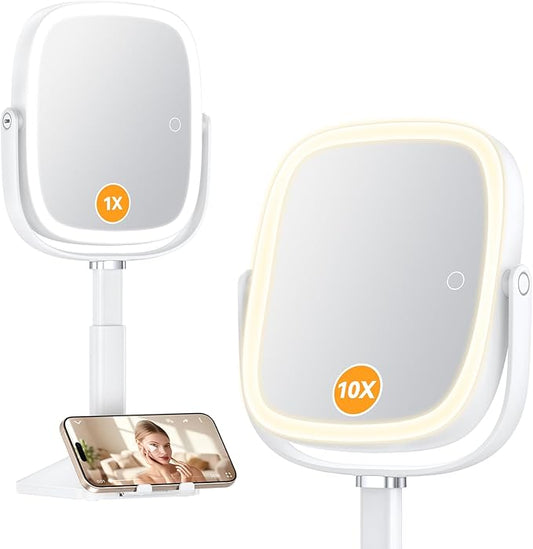 Gospire 1X/10X Lighted Magnifying Mirror with Lights, Height Adjustable Lighted Makeup Mirror with Magnification for Desk, Hidden Phone Stand, 4000mAh 3 Color Modes for Vanity - White