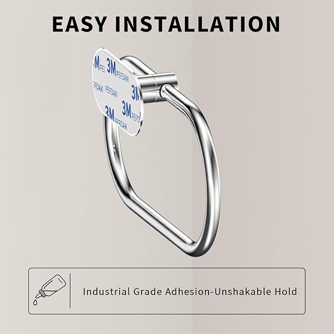 Adhesive Towel Holder for Bathroom Polished Chrome No Drill Hand Towel Ring Stainless Steel and Zinc Alloy Self Adhesive Towel Hanger for Bath, Kitchen