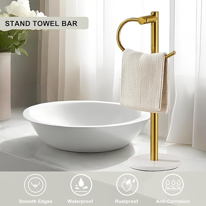 Standing Towel Bar Holder - Free Standing Bathroom Towel Rack Towel Holder with Engineered Stone Base - Countertop Vanity Towel Stand for Hand/Kitchen Towels (Brushed Gold)