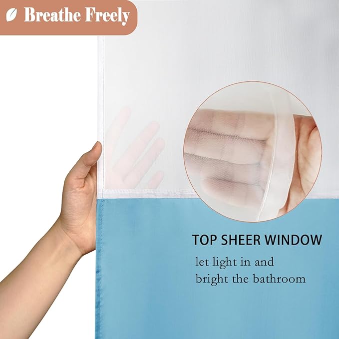 UFRIDAY 36x72 Inch Stall Shower Curtain with Mesh Window,Soft Fabric Solid Bathroom Curtain with Hooks, Weighted Hem, Heavy Duty, Water Repellent, Light Blue