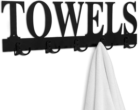 MyGift Towel Rack for Bathroom, Wall Mounted Bath Towel Holder with 5 Dual Hooks, Kitchen Laundry Hand Towel Hanger, Black Metal with Decorative Towel Cutout Design
