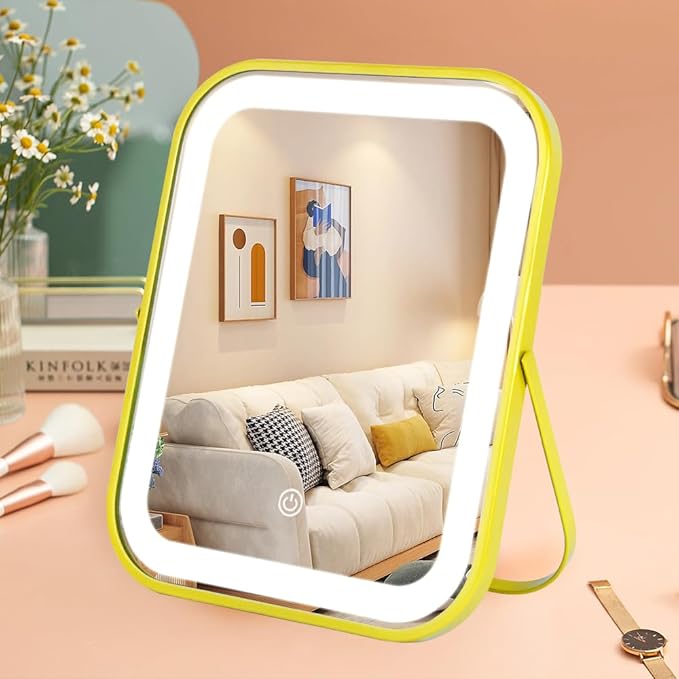 YEKKOPT Gold Vanity Mirror with Lights,10"x8" Rechargeable LED Lighted Makeup Mirror, Large Makeup Mirror with Lights, Touch Screen with 3-Color Lighting, Dimmable, for Vanity Desk Tabletop, Bedroom