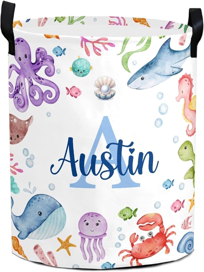 Large Custom Name Laundry Hamper, Ocean Sea Personalized Dirty Clothes Hamper Storage Basket with Name for Bathroom Bedrooms, Customized Name Circular Hamper with Handles for Baby Boys Girls Men Women