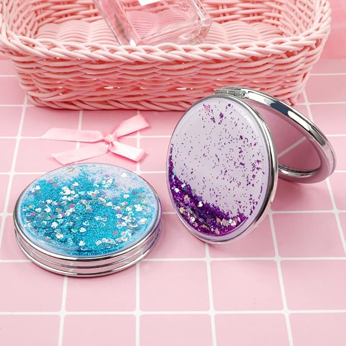 AKOAK 1 Pack Compact Mirror, Portable Quicksand Pocket Travel Makeup Mirror, Folding Hand-held Double Sided 1x/2x Magnifying Glass, Great Gift for Women and Girls (Purple)