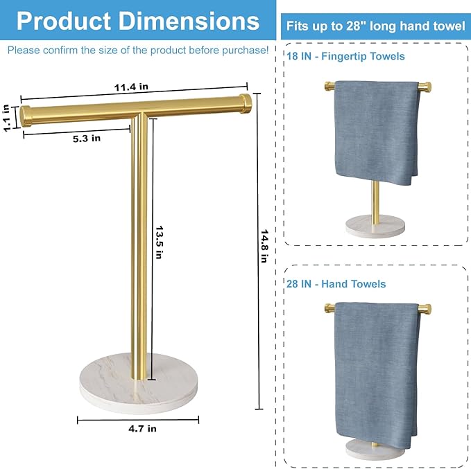Hand Towel Holder, T-Shape Hand Towel Stand with Heavy Marble Base, Stainless Steel Towel Bar Rack for Bathroom Vanity, Kitchen Countertop, Gold