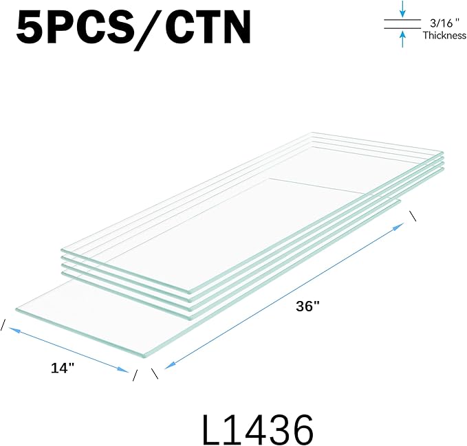 14" x 36" 5-PCS Tempered Glass Shelf, Rectangular Frameless Glass Shelves - 3/16" Thick, Suitable for Bookshelves, Display Cases, Retail Fixtures and Tabletops