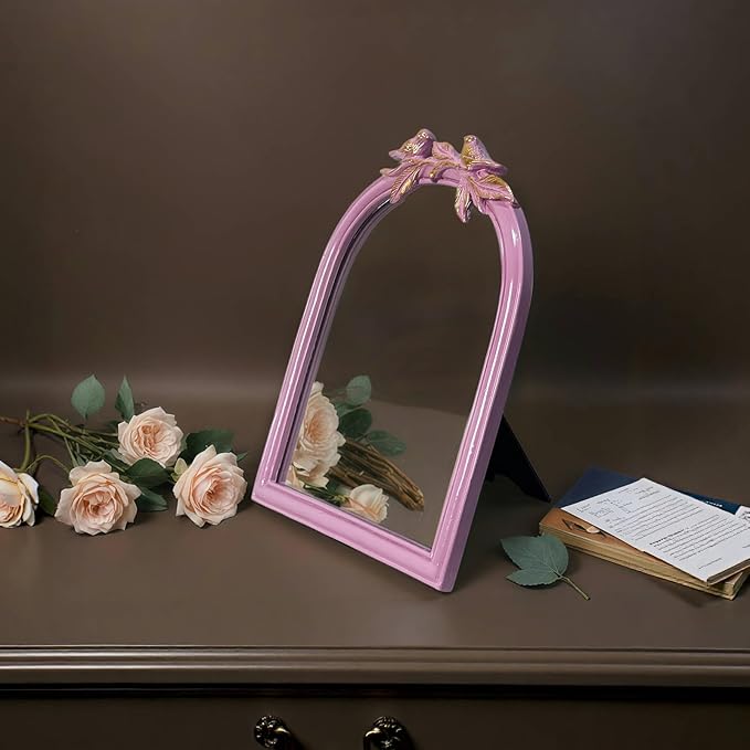 Pink Bird Bow Mirror - 13x10 Inch Perfect Elegant Decorative Accent, Wall-Mounted Tabletop Makeup Mirror for Nursery Baby Room Bedroom Decor