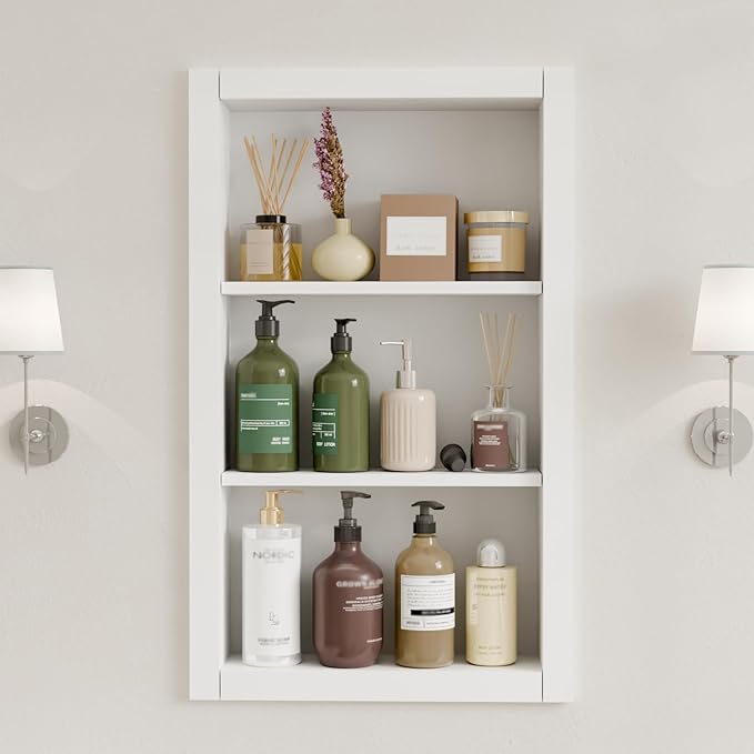 14'' * 24'' Recessed Medicine Cabinet Wall Niche Wood, 3-Tier Bathroom Niche Insert for Drywall, in Wall Shelf Medicine Cabinets Replacement, for Living Room, Bathroom Storage, White