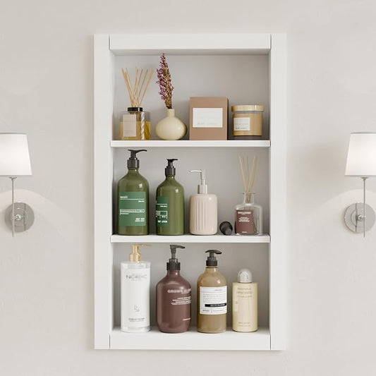14'' * 24'' Recessed Medicine Cabinet Wall Niche Wood, 3-Tier Bathroom Niche Insert for Drywall, in Wall Shelf Medicine Cabinets Replacement, for Living Room, Bathroom Storage, White