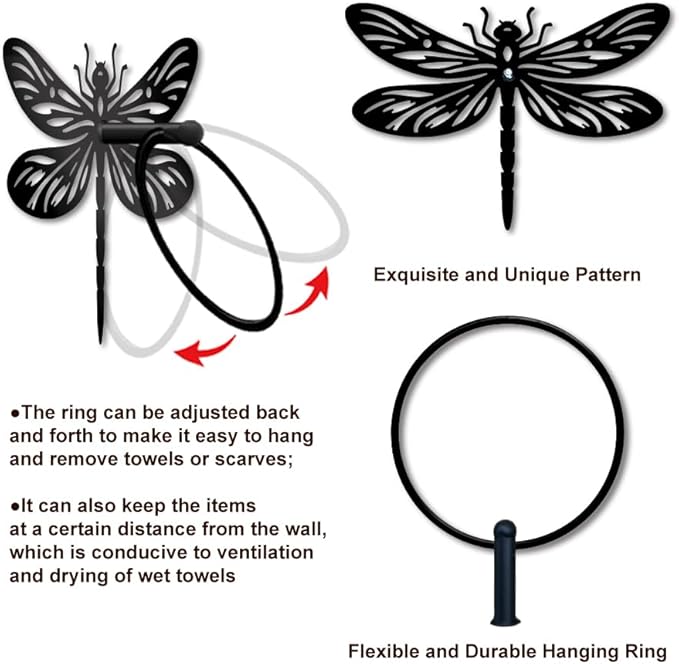 MAYJOYDIY Dragonfly Metal Towel Ring Antique Insects Hand Towel Holder Round Dragonfly Wings Towel Hangers Black Bathroom Towel Rack Wall Mounted for Kitchen Bath Home Laundry Room Decors Gifts