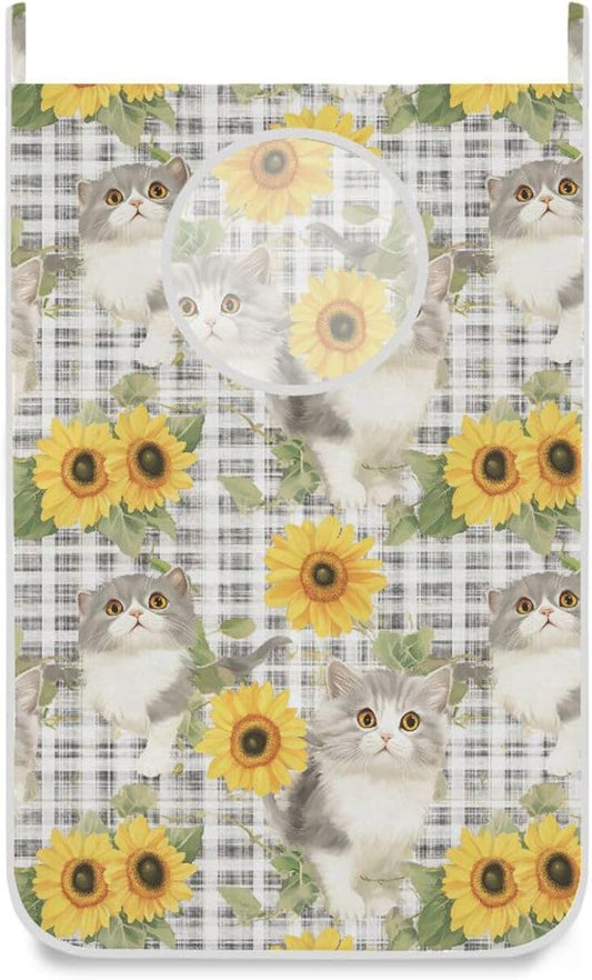 Hanging Laundry Hamper with Stainless Steel Hooks,Oxford Fabric Printing Door Laundry Clothes Bag, 29.5X20inch 2PCS Grey Gingham Scottsih Fold Cat Sunflower