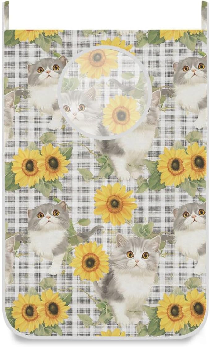 Hanging Laundry Hamper with Stainless Steel Hooks,Oxford Fabric Printing Door Laundry Clothes Bag, 29.5X20inch 1PCS Grey Gingham Scottsih Fold Cat Sunflower