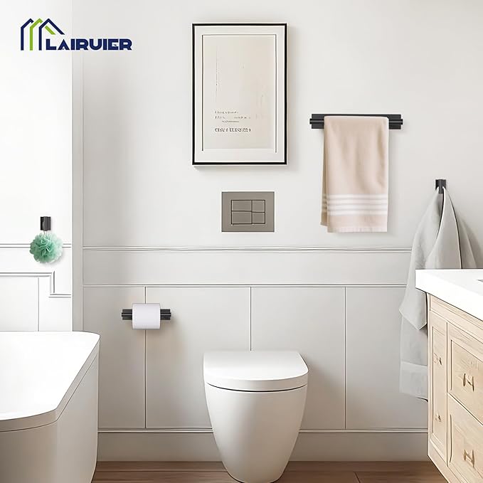 Lairuier 4-Piece Bathroom Hardware Set, Matte Black Towel Holder Set Include Adhesive or Screw Towel Bar, Toilet Paper Holder and 2 Towel Hooks, Stainless Steel Wall Mounted Bathroom Accessories