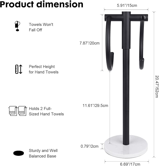 19 inch Matte Black Double hand Towel Holder Stand ,Hand Towel Bar Bathroom Vanity Countertop Towel Holder Free Standing,Towel Ring Hardware Accessories Towel Rack