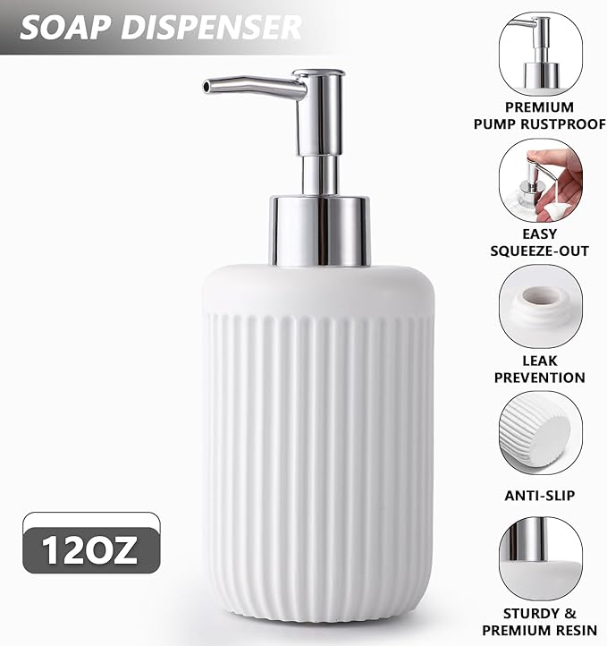 XLHOMO Resin White Bathroom Accessories Set 5 Pcs, Lotion Soap Dispenser, Toothbrush Holder, Bathroom Tumbler, Qtip Holder and Vanity Tray, Bathroom Countertop Organizer Set for Modern Home Apartment