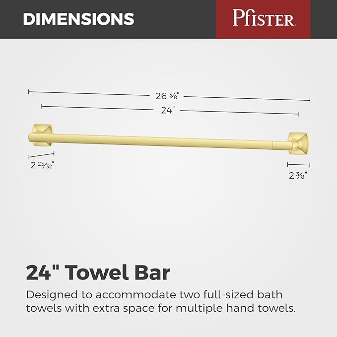 Pfister Vaneri Bath Towel Bar for Bathroom, 24-Inch, Wall-Mounted, Screw-in, Brushed Gold Finish, BTBVRI2BG
