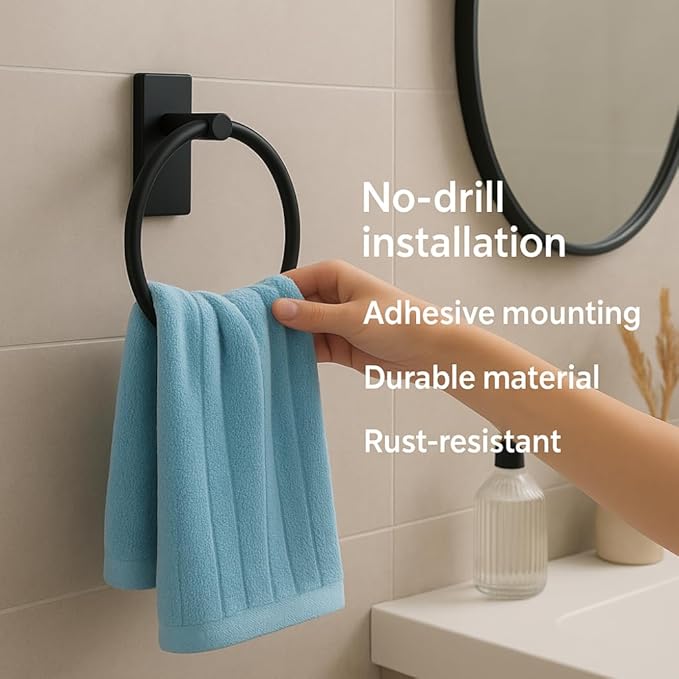 Matte Black Adhesive Towel Ring, No Drill Bathroom Towel Holder, Wall Mounted, Free Adhesive Included