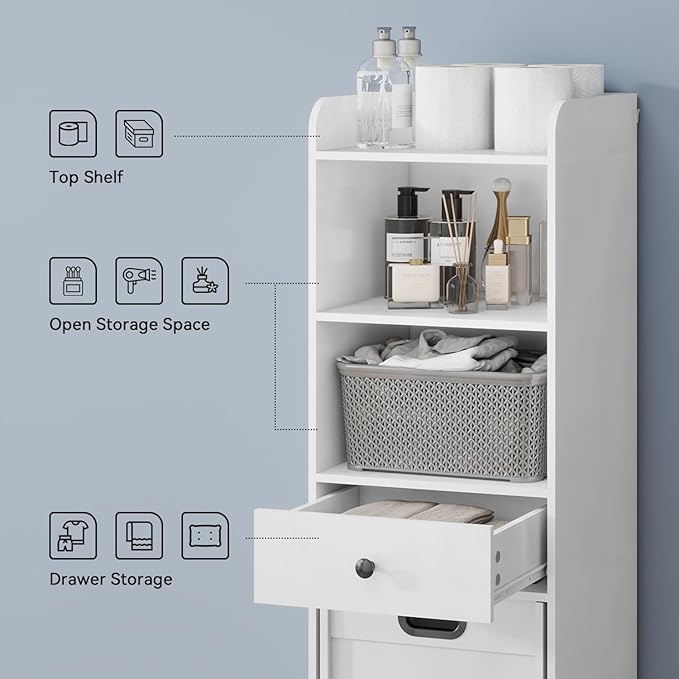 Laundry Hamper Cabinet, Laundry Cabinets and Storage with Multi Shelves, Hidden Movable Laundry Hamper Cabinet for Bathroom or Laundry Room Organization, White