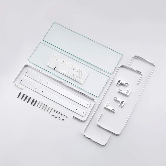 KES Bathroom Tempered Glass Shelf 2 Tier Storage Glass Shelf Rectangular with Bar Wall Mounted Sand Sprayed Anodized Aluminum Finish, A4127B