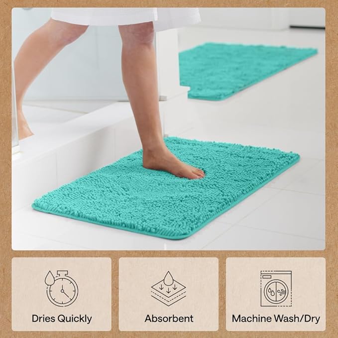 GORILLA GRIP Bath Rug Mat, Thick Soft Absorbent Chenille, Quick Dry Microfiber Mats, Rubber Backing Washable Shower Floor Rugs, US Designed Bathroom Bathmat Home Decor Accessories, 24x17, Turquoise