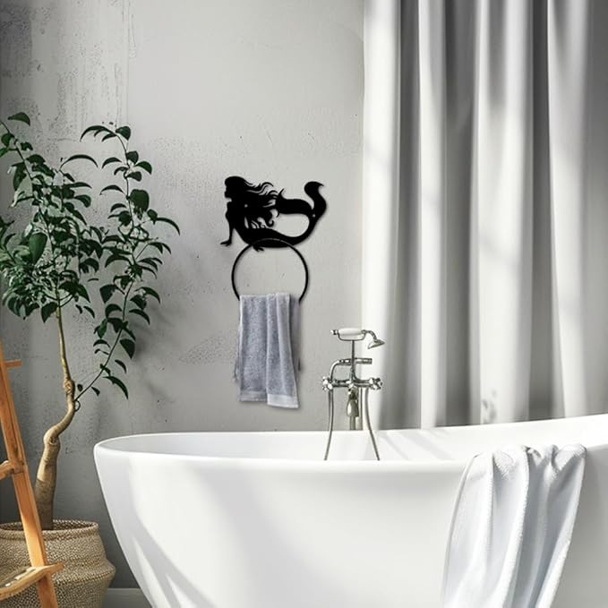 MAYJOYDIY Mermaid Metal Towel Ring Mermaid Sea Hand Towel Holder Round Ocean Theme Towel Hangers Black Bathroom Towel Rack Wall Mounted for Kitchen Bath Home Laundry Room Decors Gifts