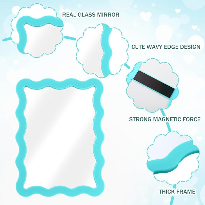 Leinuosen 1 Pcs Scalloped Magnetic Locker Mirror Small Real Glass Makeup Mirror with Magnetic Backing Cute Locker Decorations for Office Cabinet Lockers Accessories (5 x 7 Inch,Lake Blue)