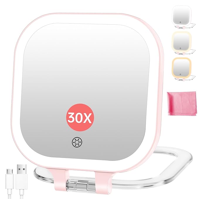 FASCINATE Compact Travel Makeup Mirror with Lights and Magnification, 3.5 inch Portable 1X/30X Magnifying Mirror with 3 Color Light, Folding, Handheld (Pink)
