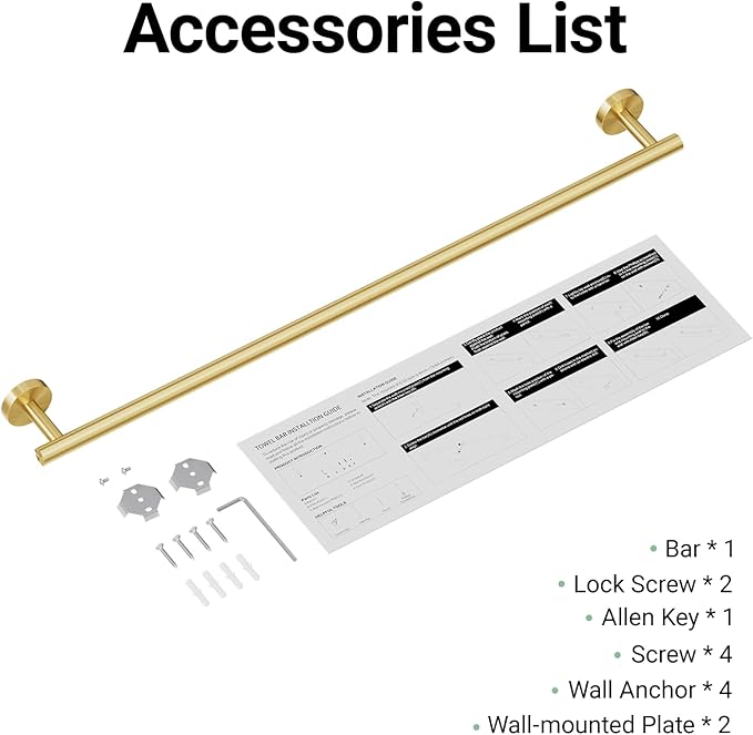 Brushed Gold Towel Bar, 18 Inch Towel Rack for Bathroom Wall-Mounted, SUS304 Stainless Steel, Total Length 20 Inch