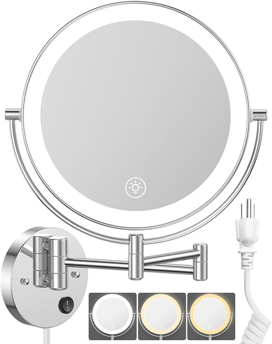 Benbilry 9" Large Wall Mounted Lighted Makeup Mirror, 1X/10X Magnifying 2-Sided AC Plug-in Powered Bathroom Mirror with 3 Color Lights, Touch Dimmable, Extended Arm 360° Rotation, 【Silver】