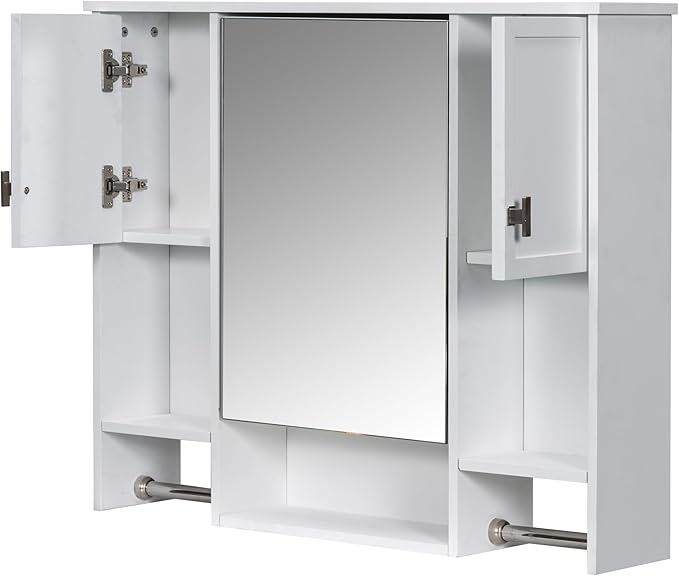 Merax Medicine Cabinet for Bathroom, Wall Mount Bathroom Cabinet with Mirror, Open Shelf, and Towel Bar, 35" W x 28.7" H Over The Toilet Mirrored Bath Wall Cabinet