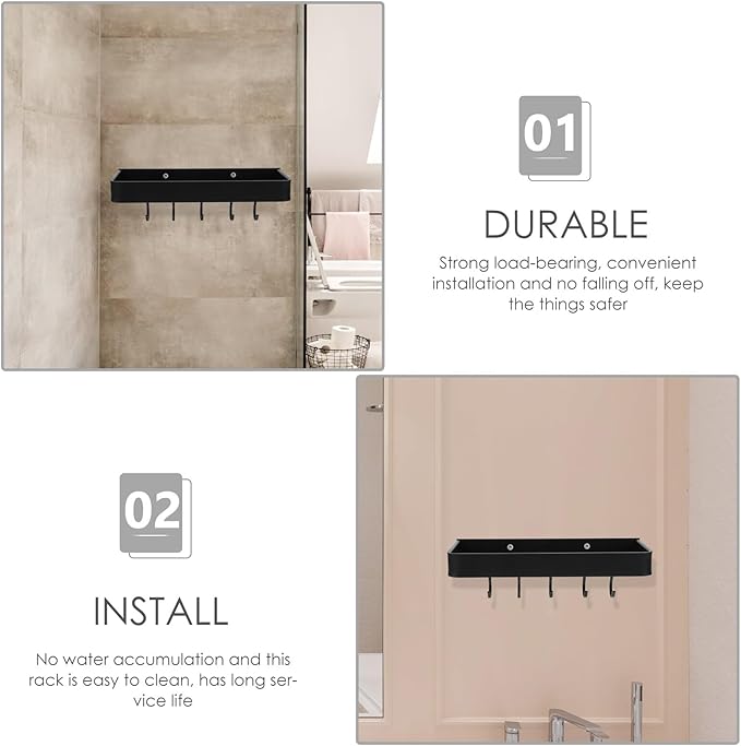 SOLUSTRE Wall-Mounted Bathroom Shelf Aluminum Holder 30cm Black with Hooks Bathroom Storage Rack Home Supply Accessory