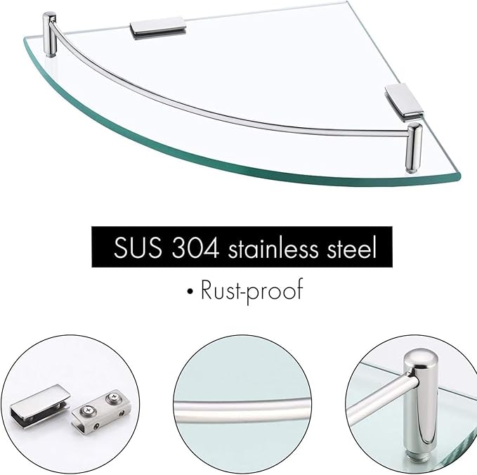 Glass Corner Shelf Bathroom Shelf Tempered Glass with Rail SUS 304 Stainless Steel Floating Wall Mount Bracket Polished Chrome Finish
