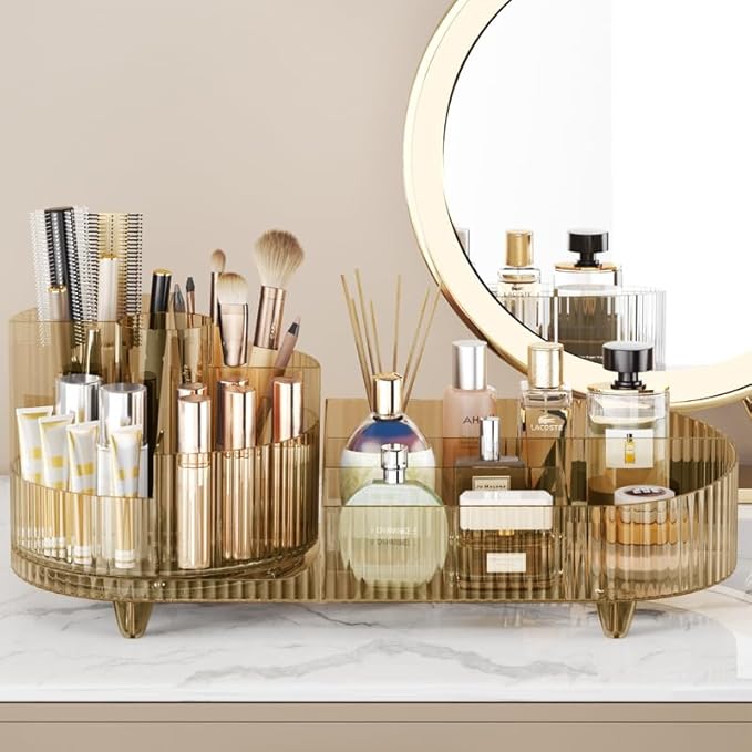 Roating Makeup Organizer for Vanity, Large Capacity Cosmetic Display Case, Clear Acrylic Countertop Beauty Storage Holder for Skincare, Brush Eyeshadow Lipstick, Counter Desk, Crystal Amber