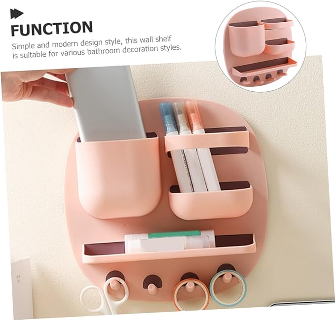Veemoon Wall-Mounted Bathroom Shelf Organizer with 3 Compartments and Elevated Display Shelf, Pink Storage Rack with 4 Hooks for Toiletries, Space-Saving Wall Storage Holder for Bathroom
