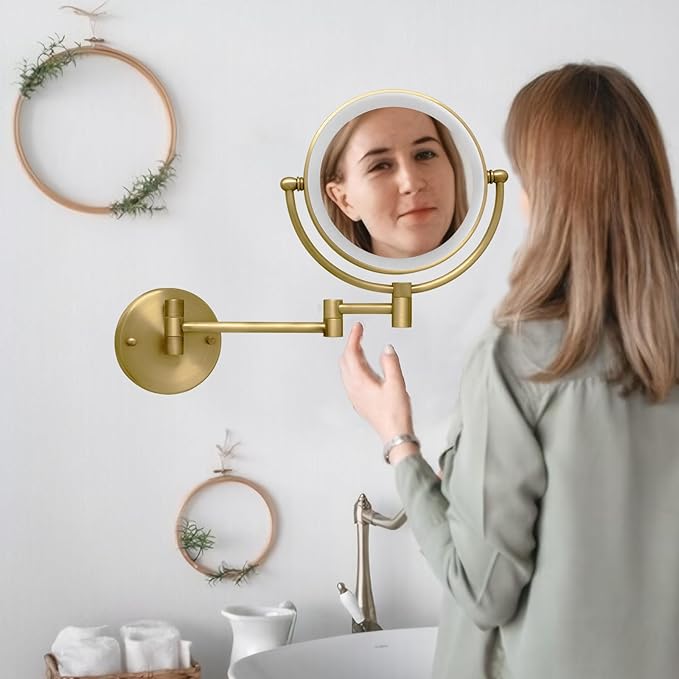 Antique Brass Rechargeable Wall Mounted Makeup Mirror, 1X/10X Magnifying Mirror for Bathroom, 8 Inch 2 Sided 360 Swivel Extendable Arm Vanity Shaving Mirror for Bathroom